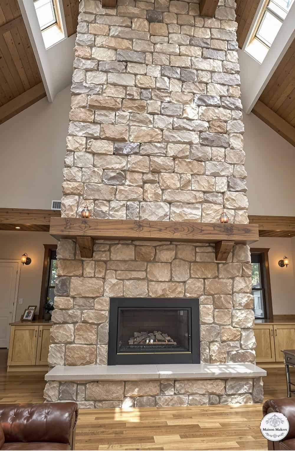 a large stone fireplace in a living room