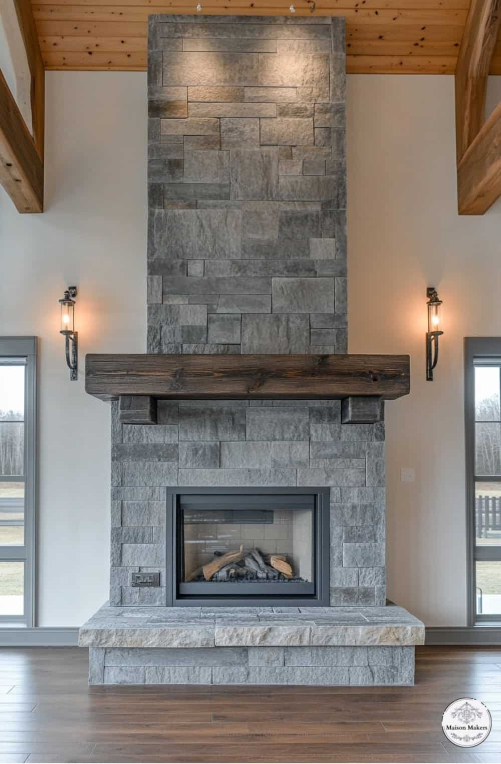 a fireplace in a large room with two windows