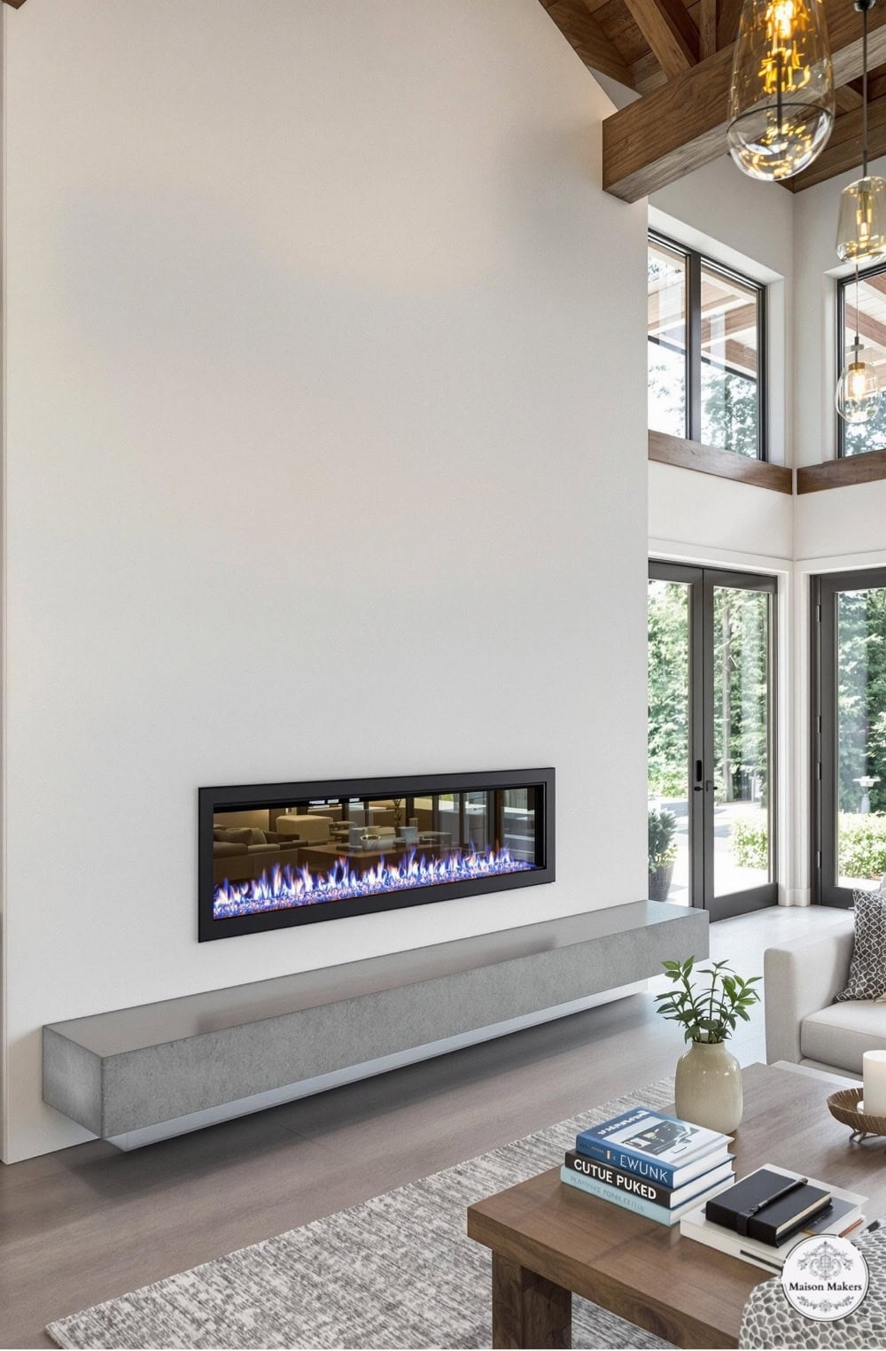 a living room with a fireplace and a couch