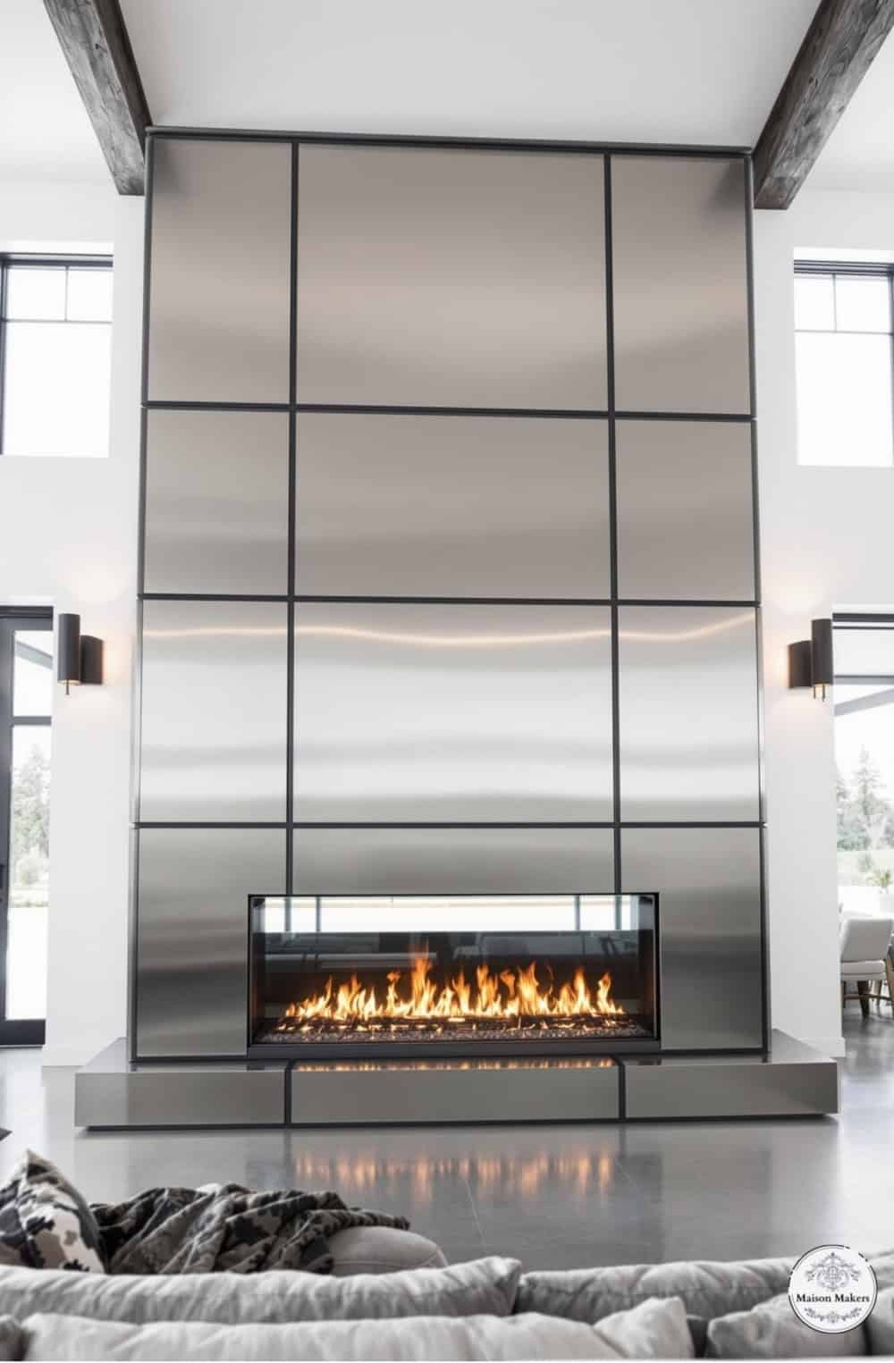 a modern fireplace in a living room with large windows