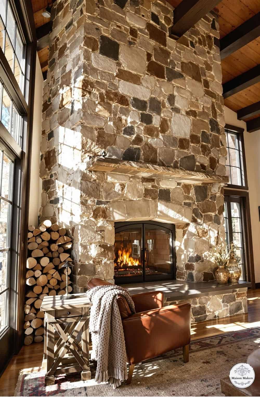 a living room with a fire place and a couch