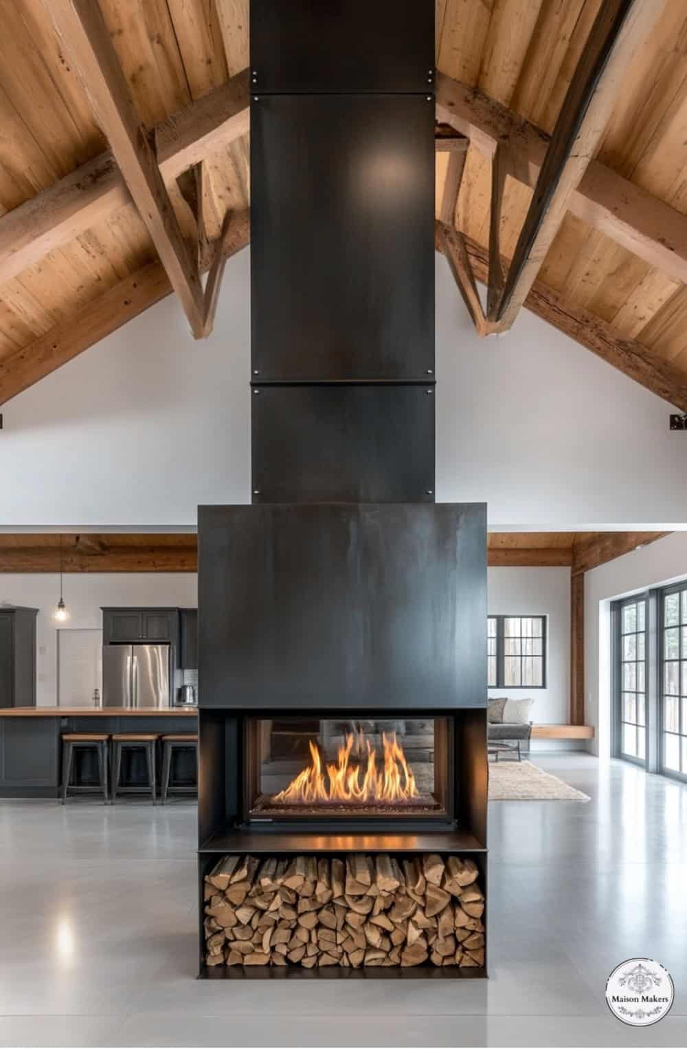 a large fireplace in a large room with wooden beams