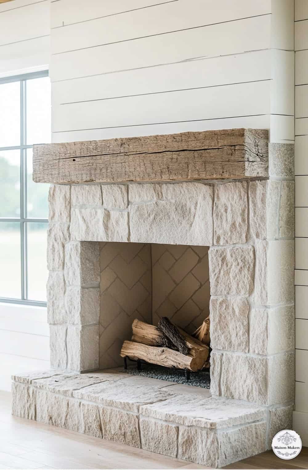 a fireplace in a room with white walls