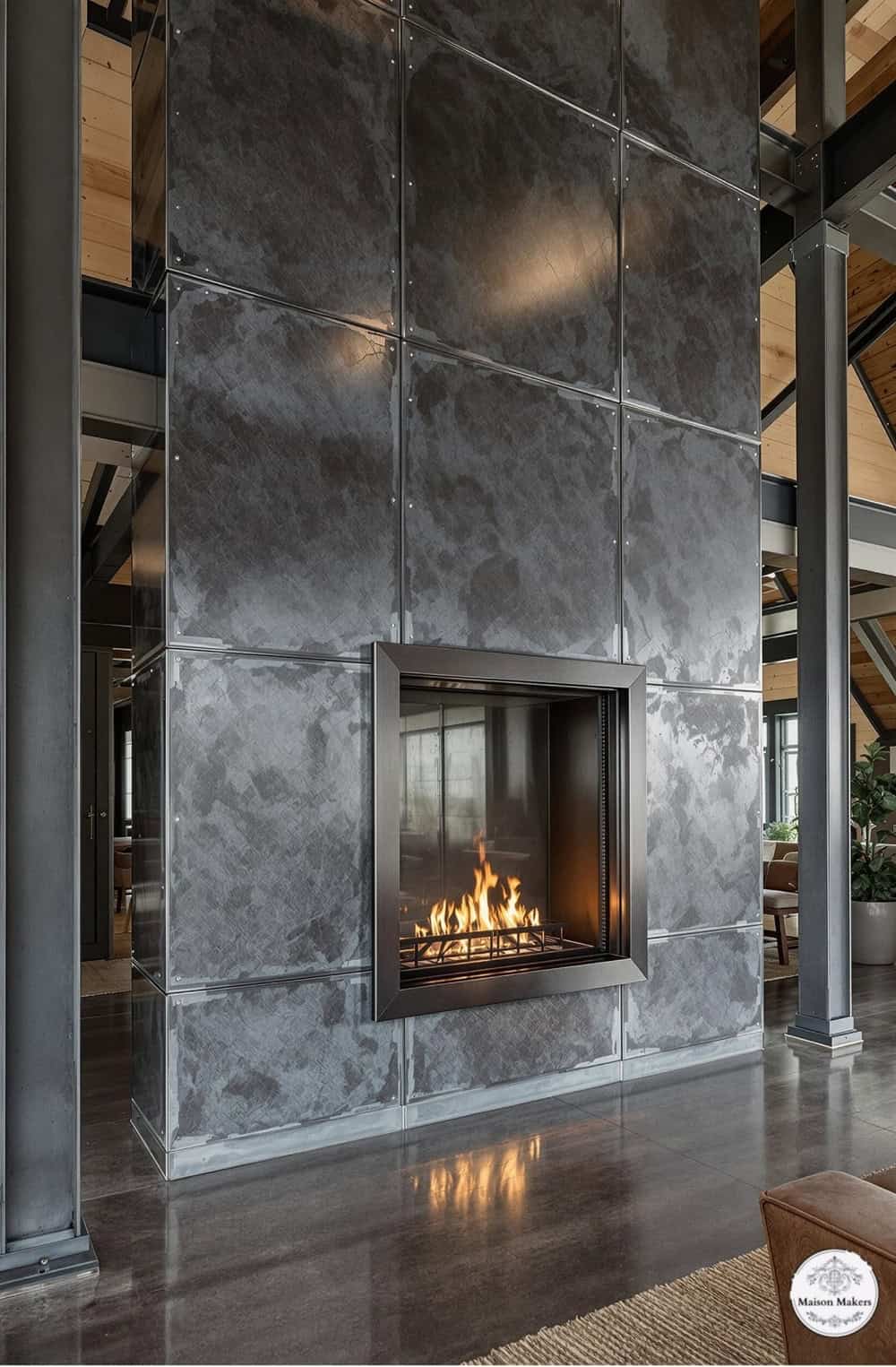 a fireplace in a large room with a fire place