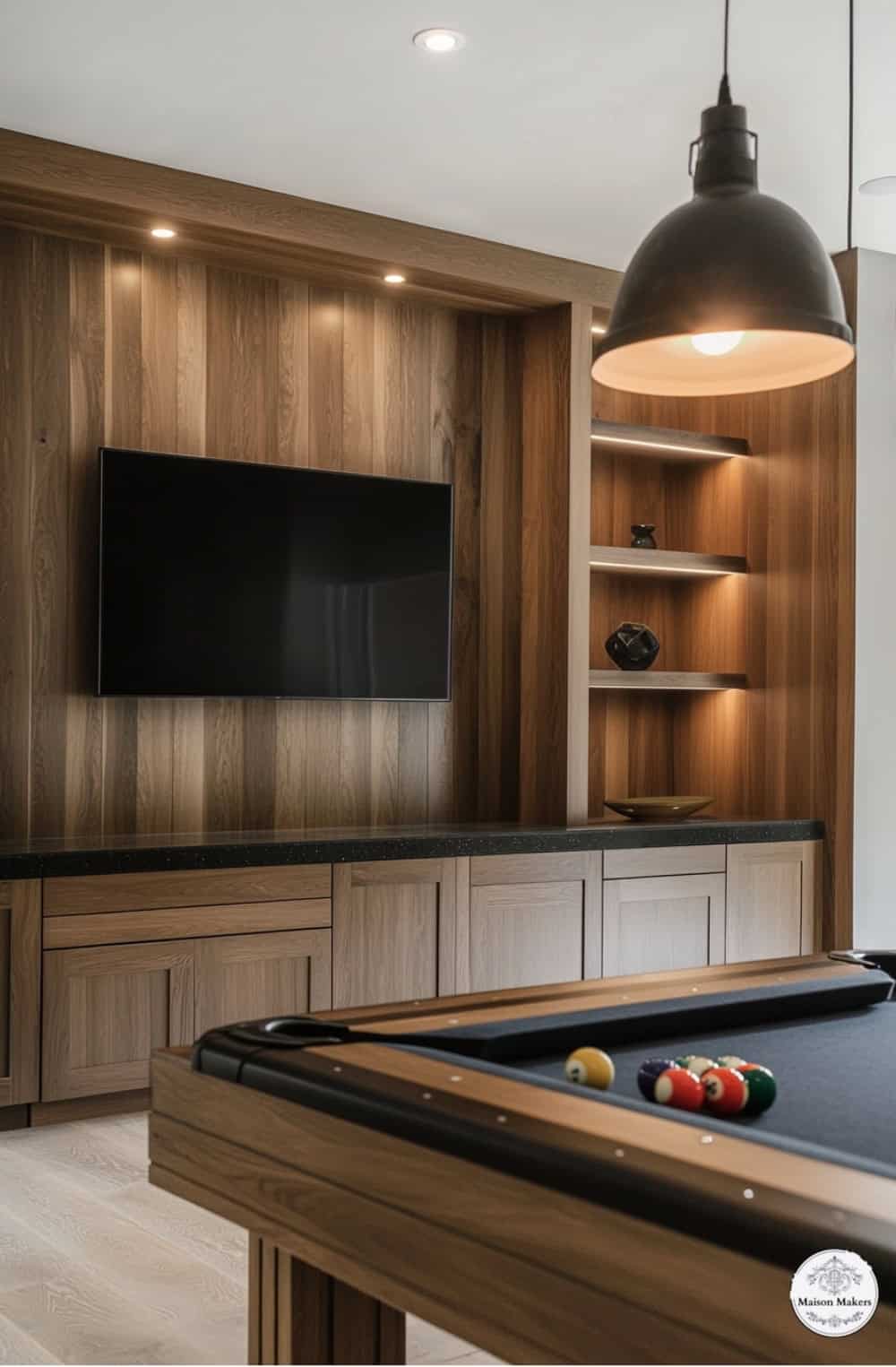 a pool table in a room with a television