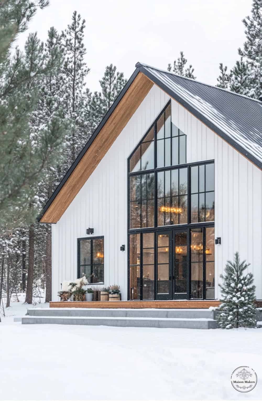 a white house with a black roof and windows