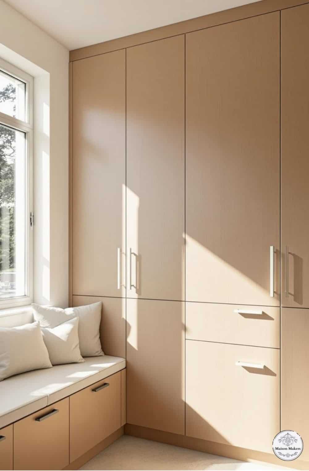 a room with a window, a bench, and a window seat