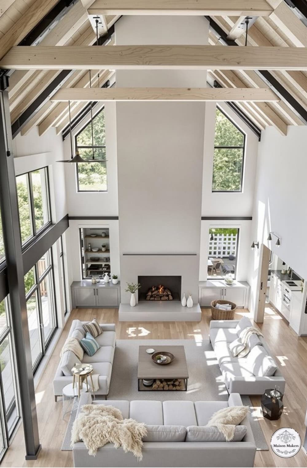 a living room filled with furniture and a fire place