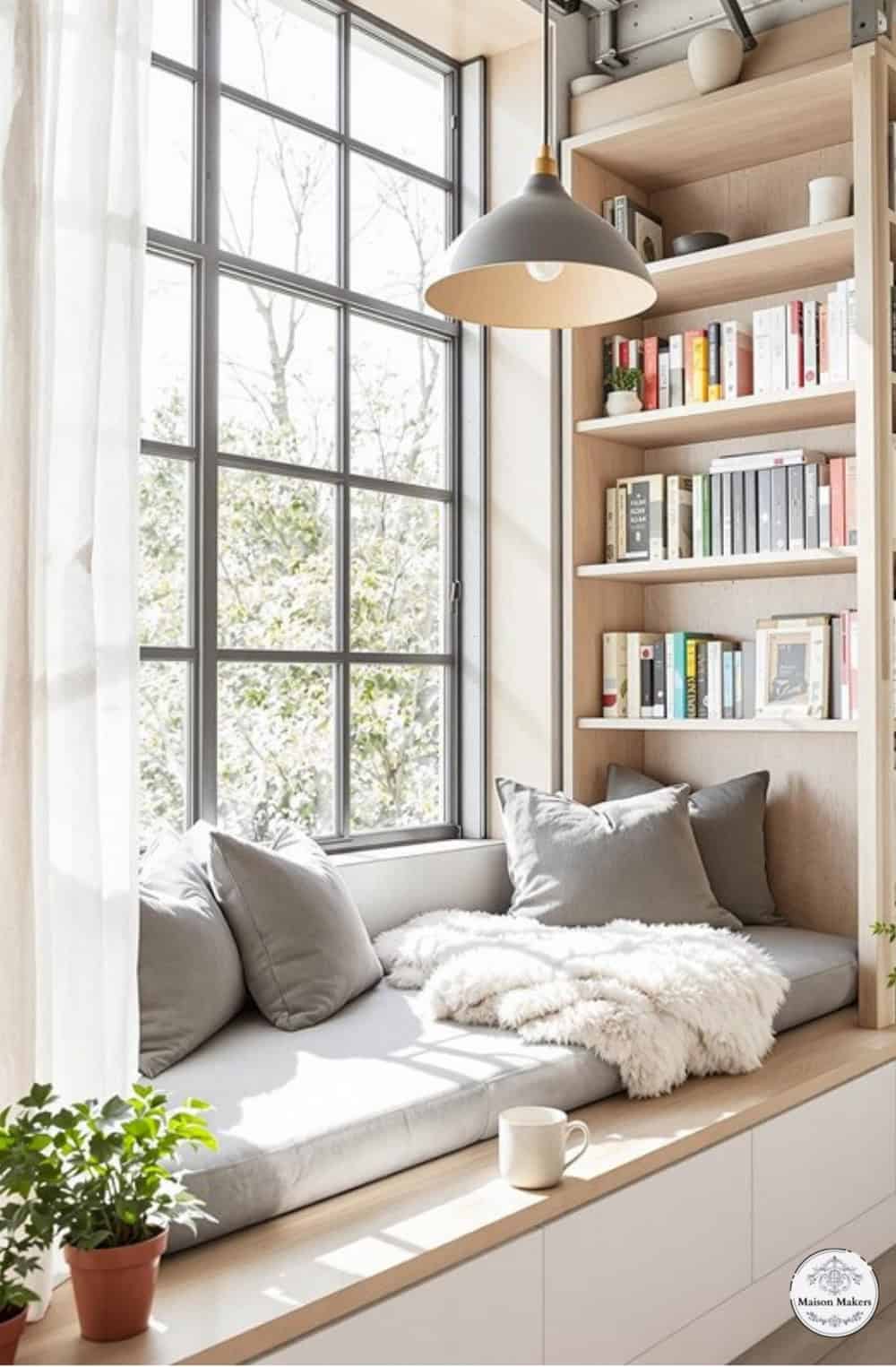 a living room with a window seat and bookshelf