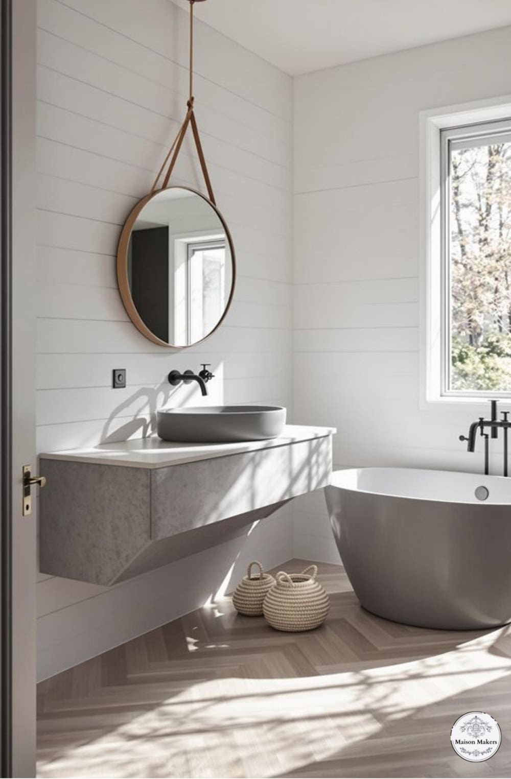 a bathroom with a tub, sink and mirror