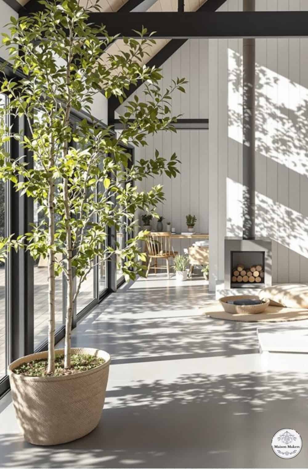 a room with a potted plant and a fire place