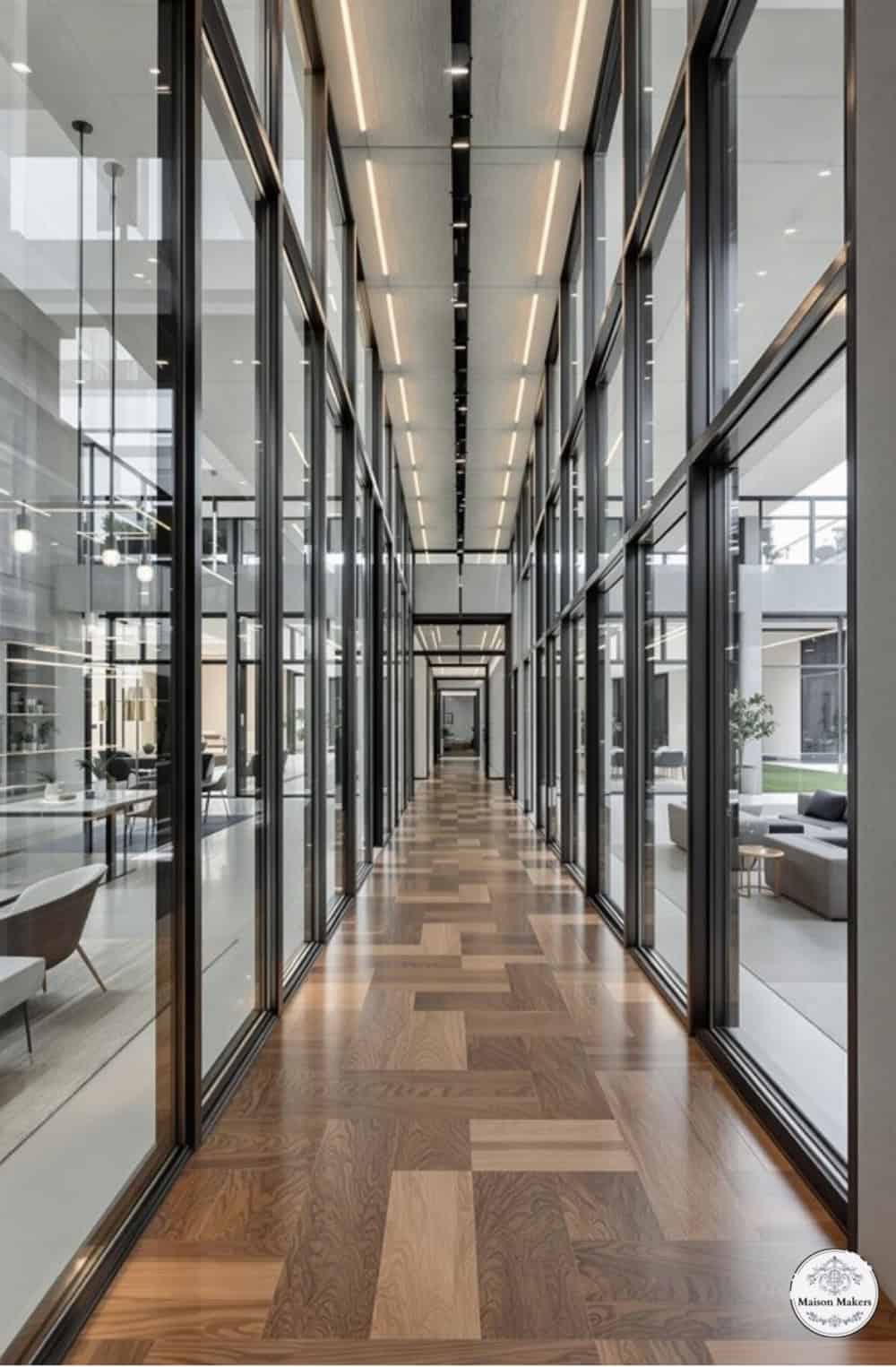 a long hallway with glass walls and wooden floors