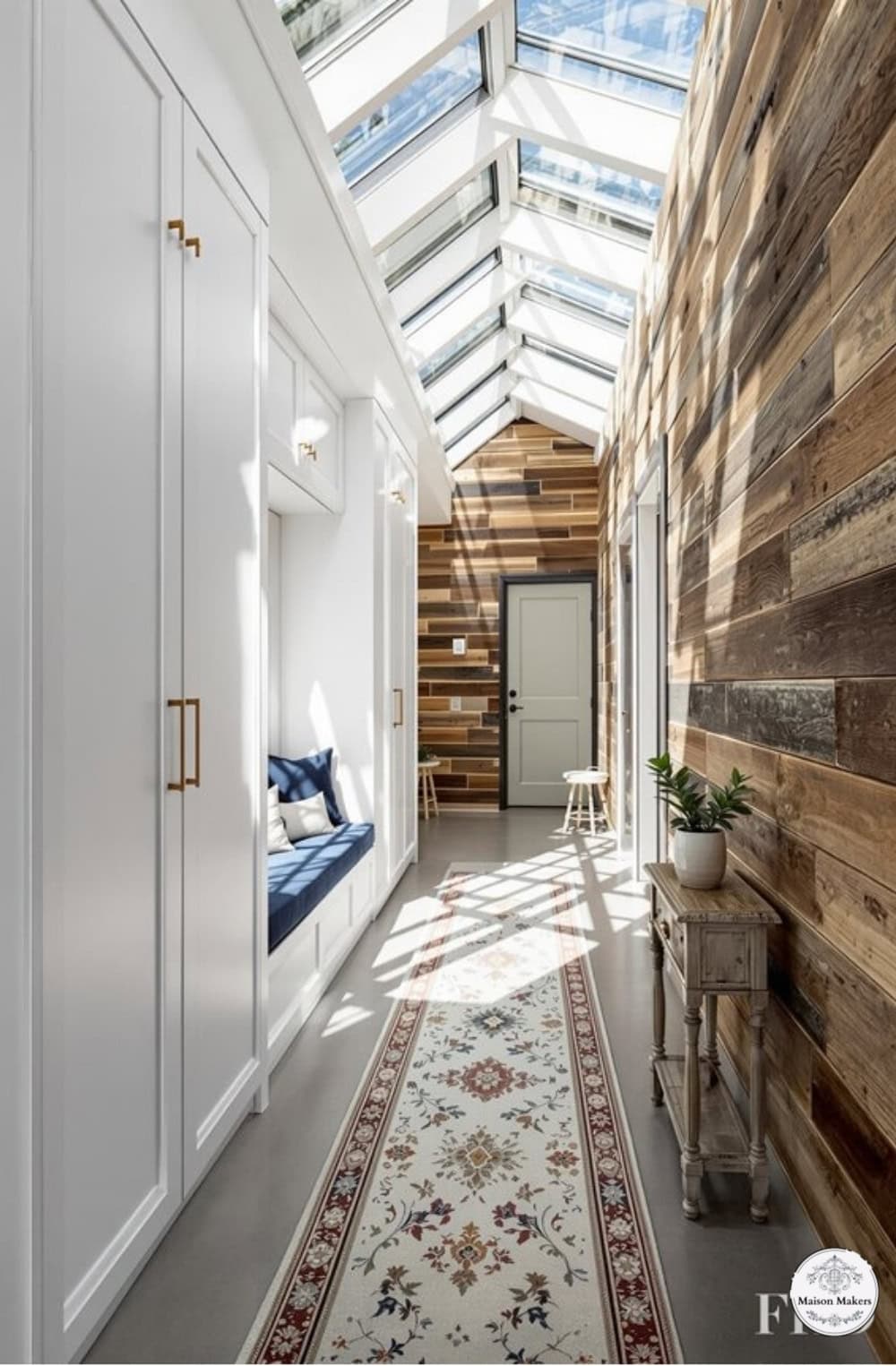 a hallway with a skylight and wooden walls