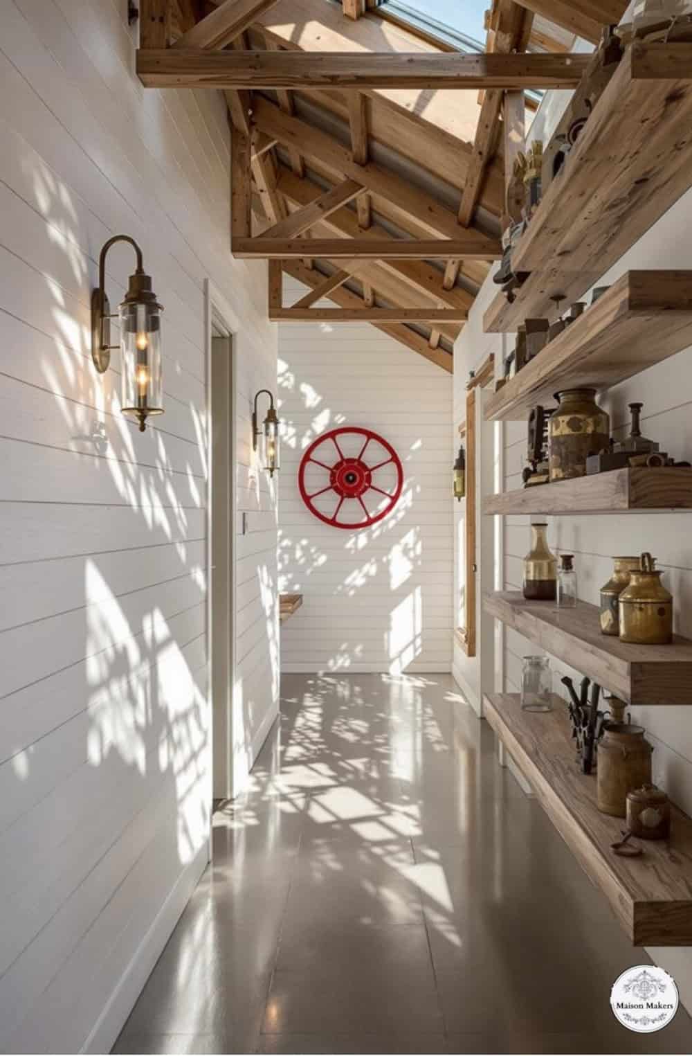 a long hallway with a red wheel on the wall