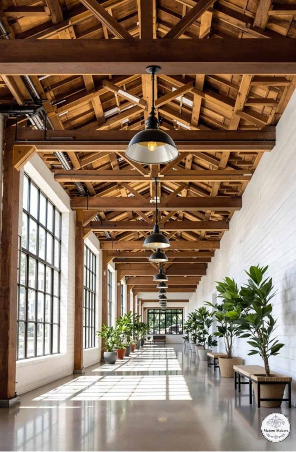a long hallway with a ceiling made of wooden beams