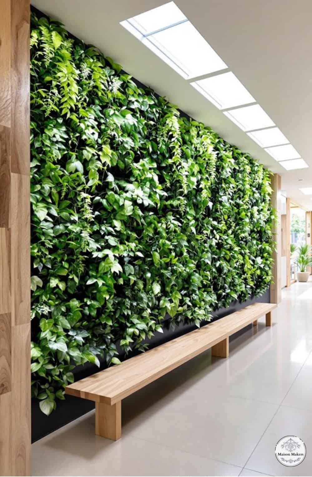 a large green wall with a bench in front of it