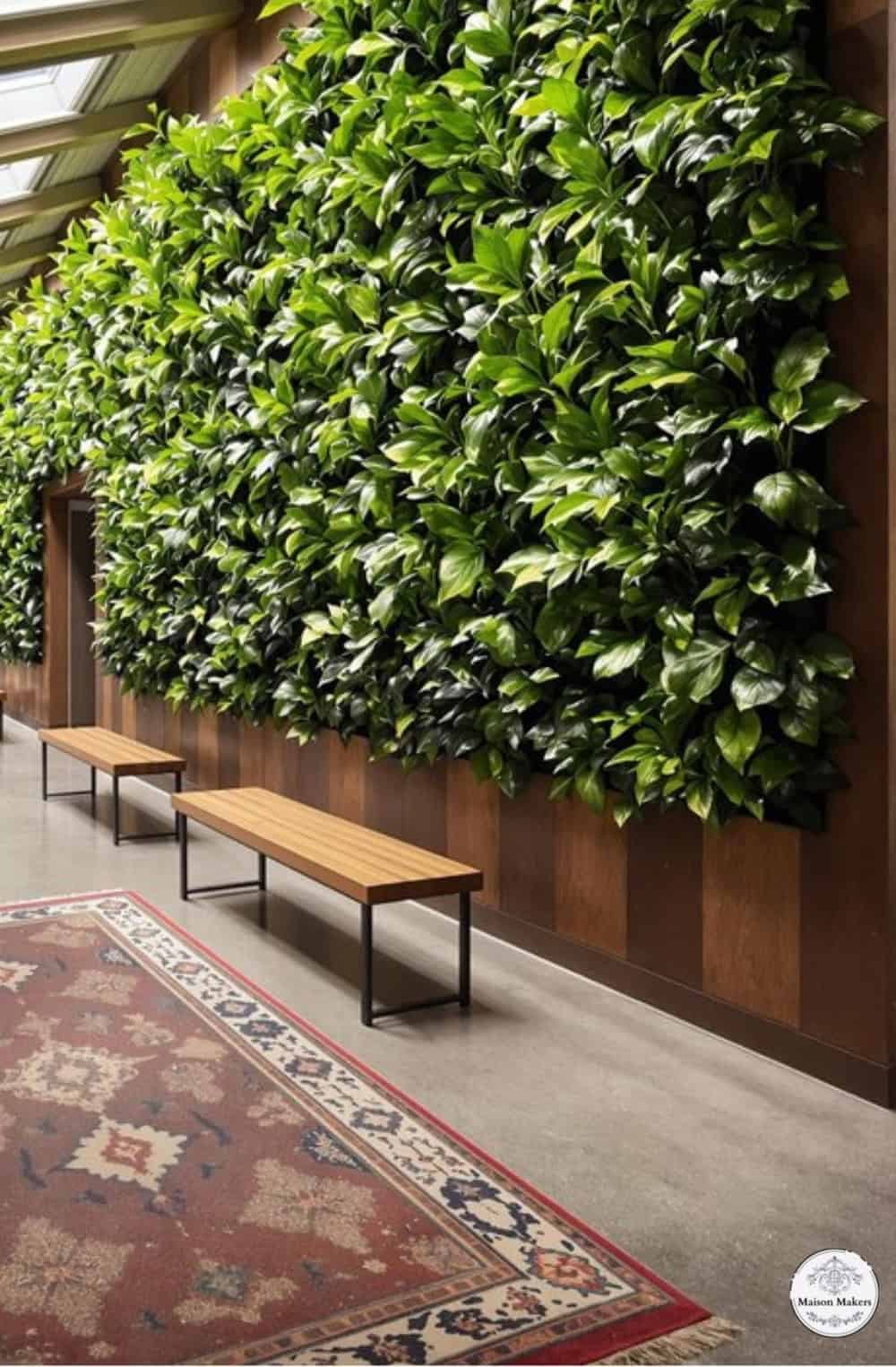 a living wall with a bench in front of it