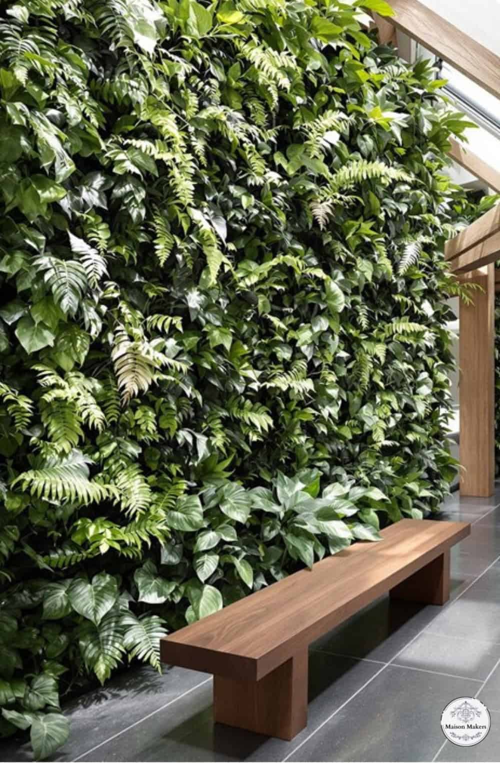 a wooden bench sitting in front of a green wall