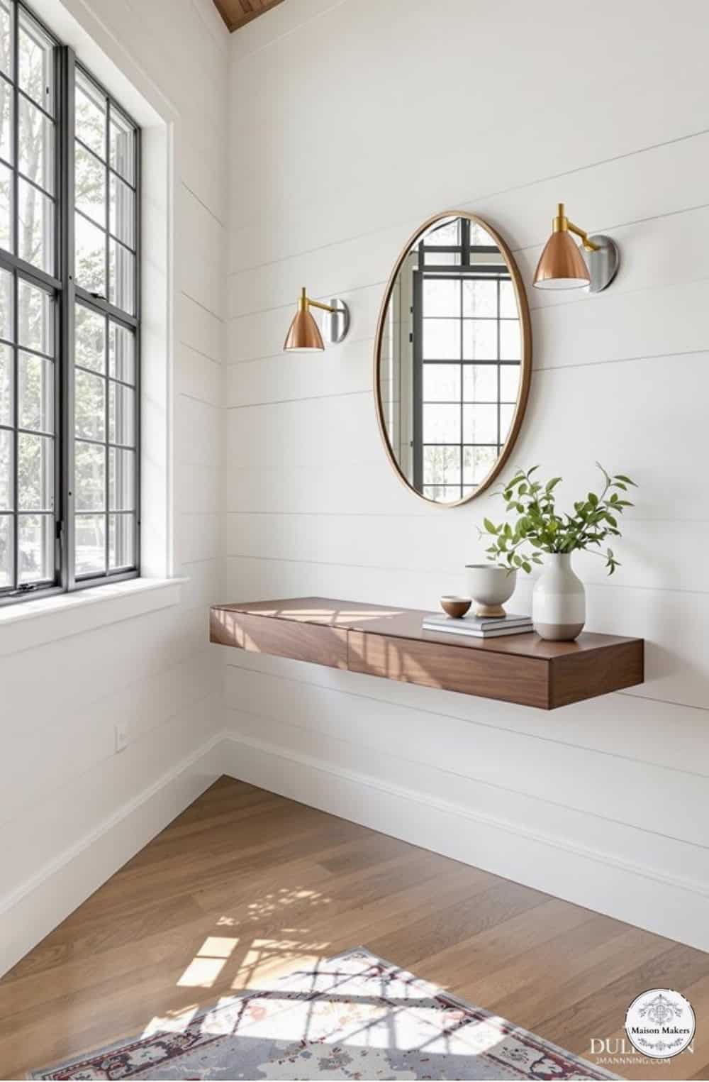 a wooden shelf with a mirror and a plant on top of it