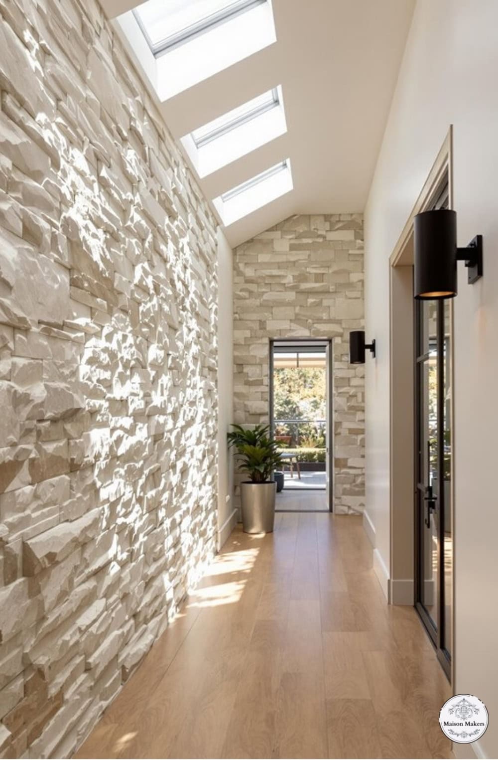 a hallway with a skylight and a stone wall