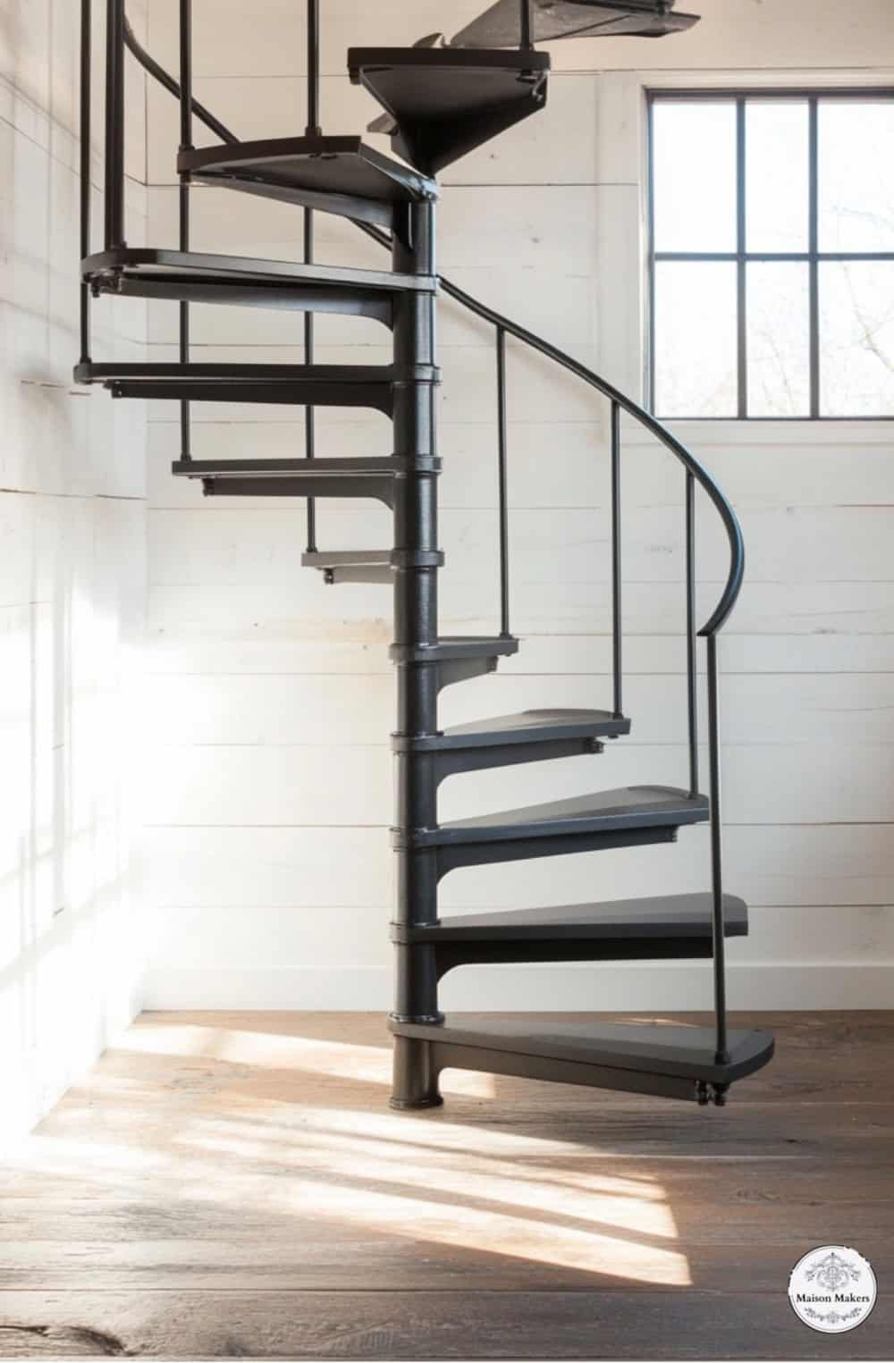 a black spiral staircase in a white room