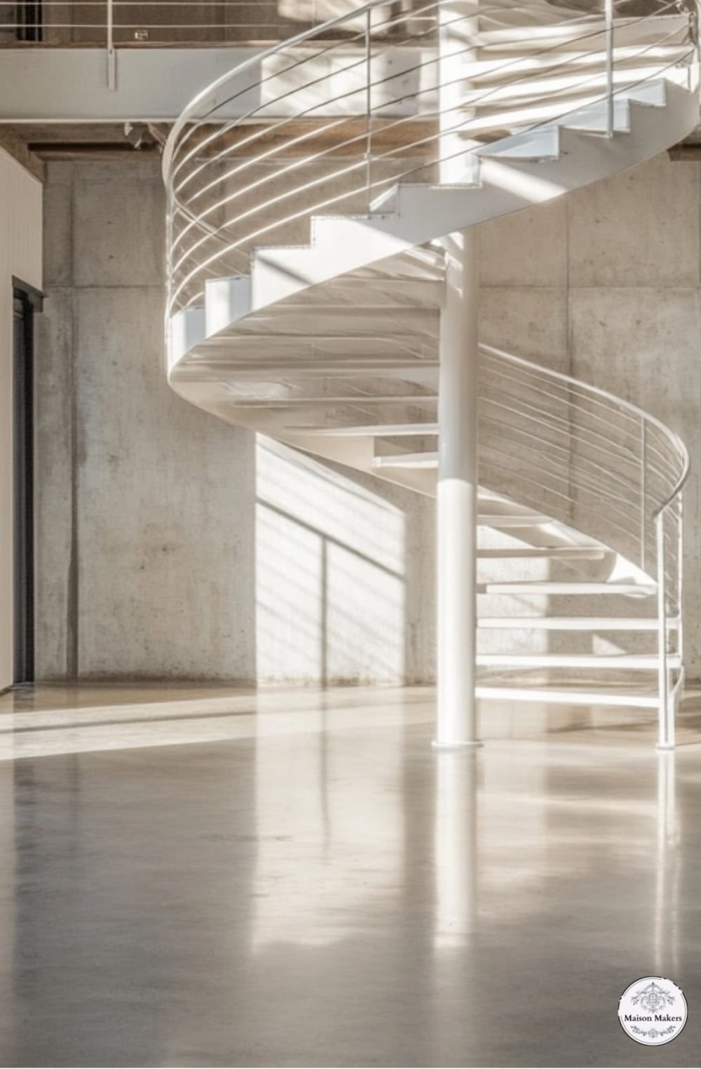 a white spiral staircase in a large building