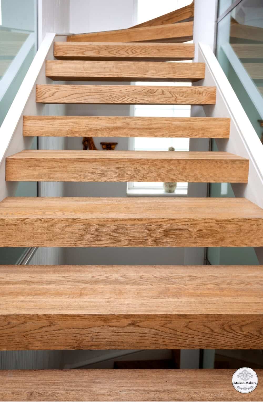 a close up of a wooden stair case