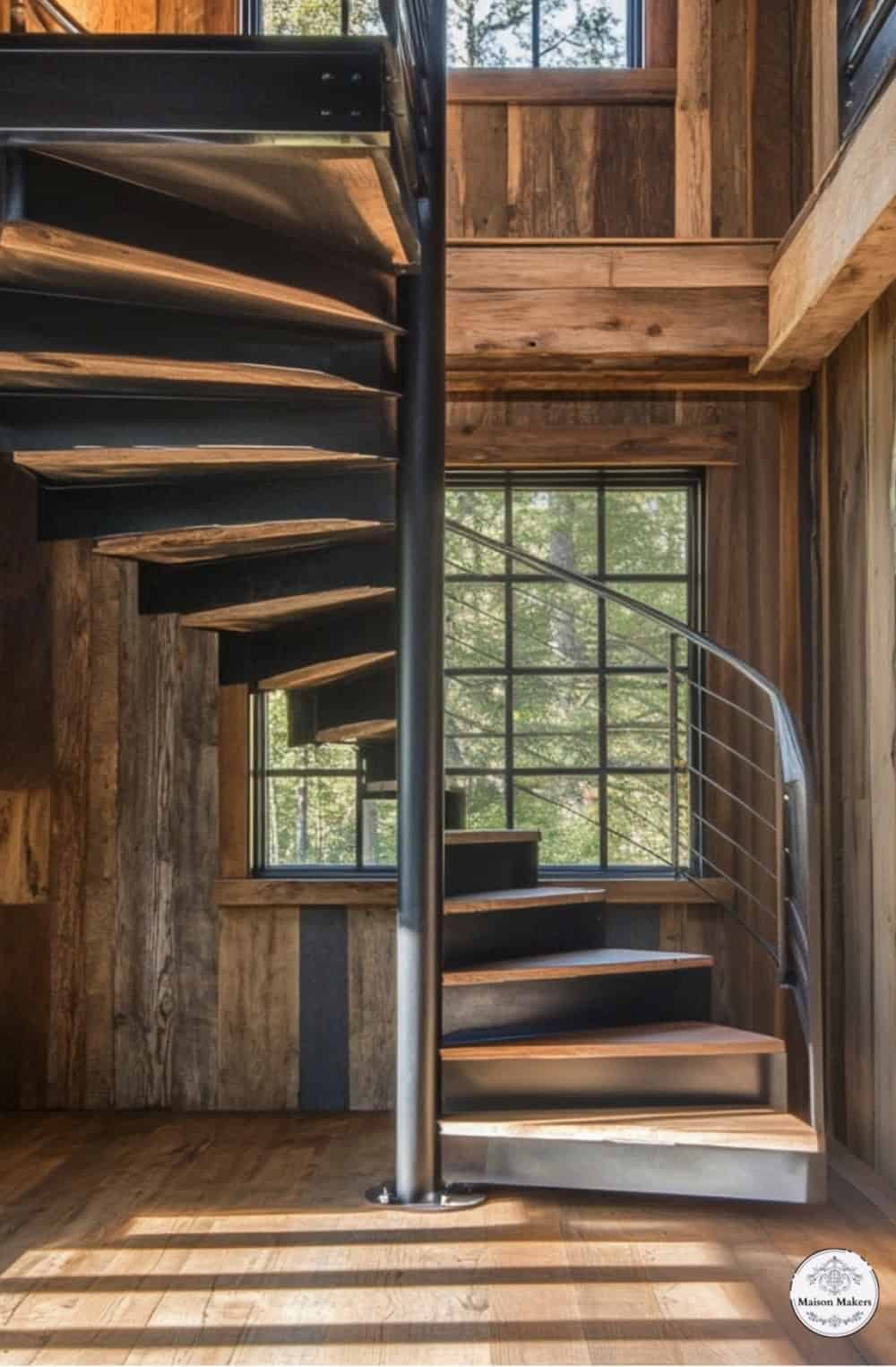 a spiral staircase inside of a wooden cabin