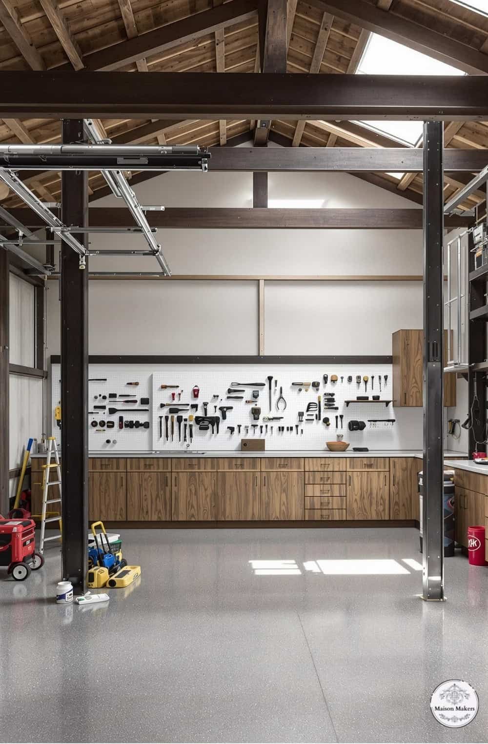 a garage with a lot of tools on the wall