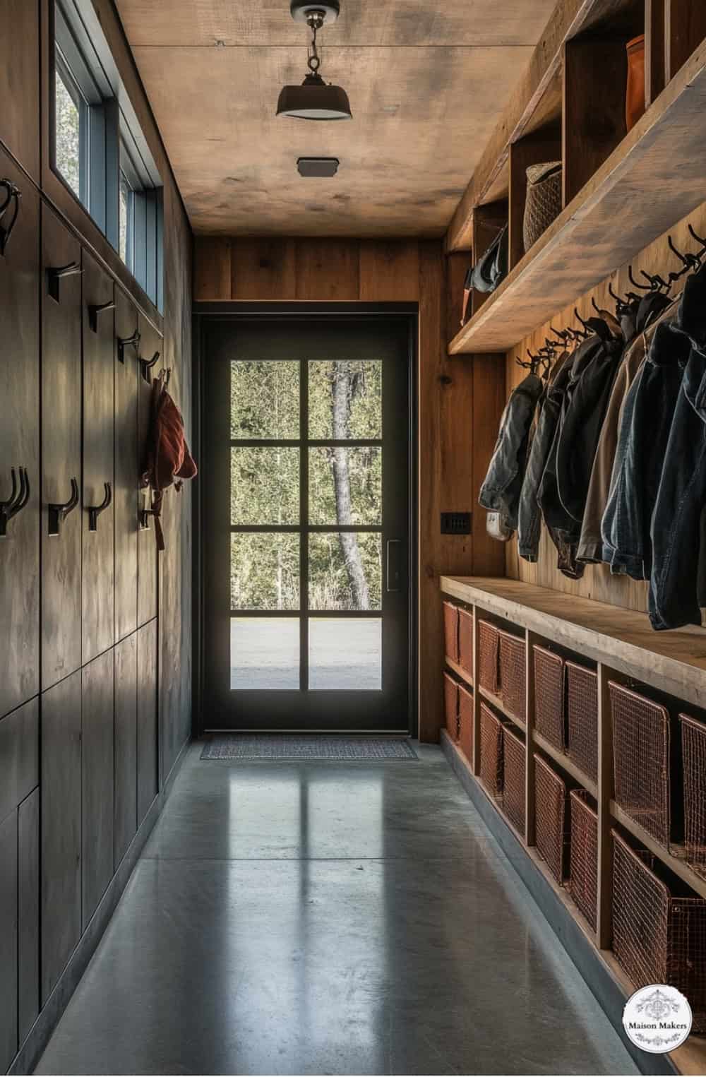 a long hallway with lots of wooden cabinets