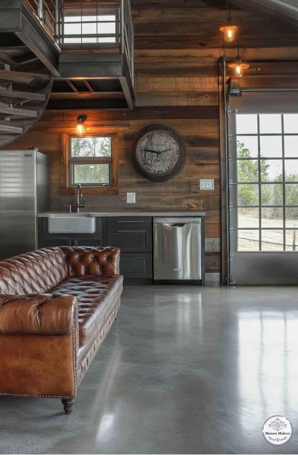 a living room with a couch and a clock on the wall