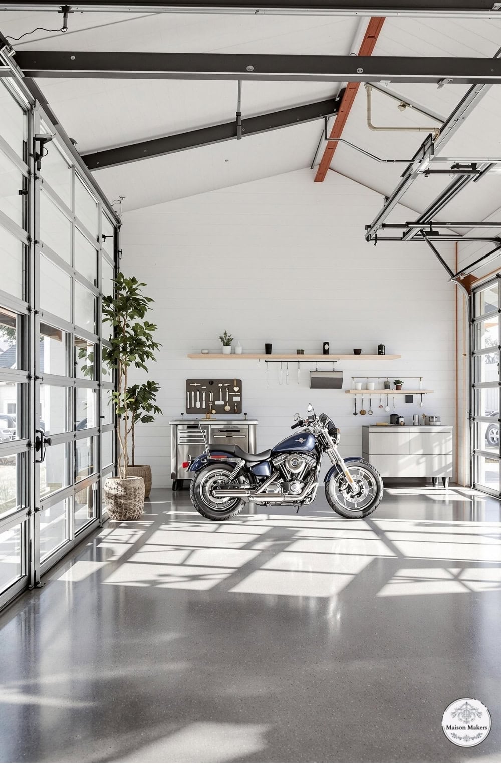a motorcycle parked inside of a garage next to a window