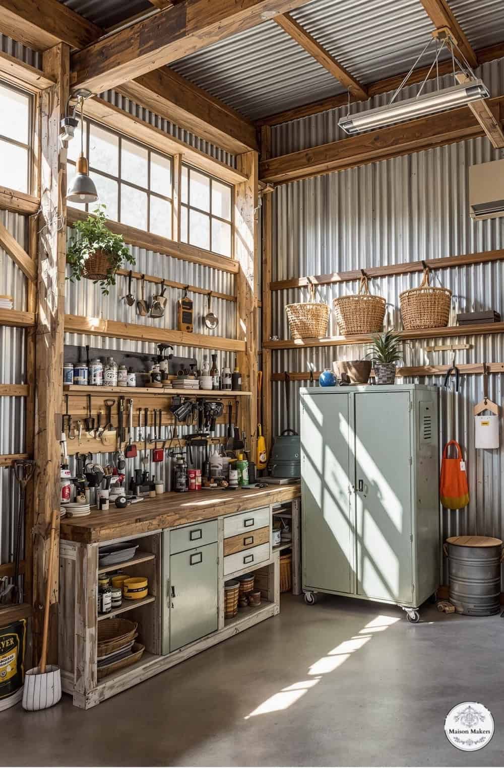 a kitchen area with a refrigerator and shelves