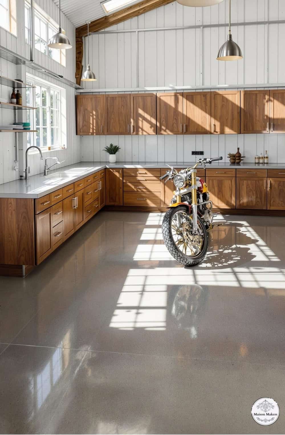 a motorcycle parked inside of a kitchen next to a sink
