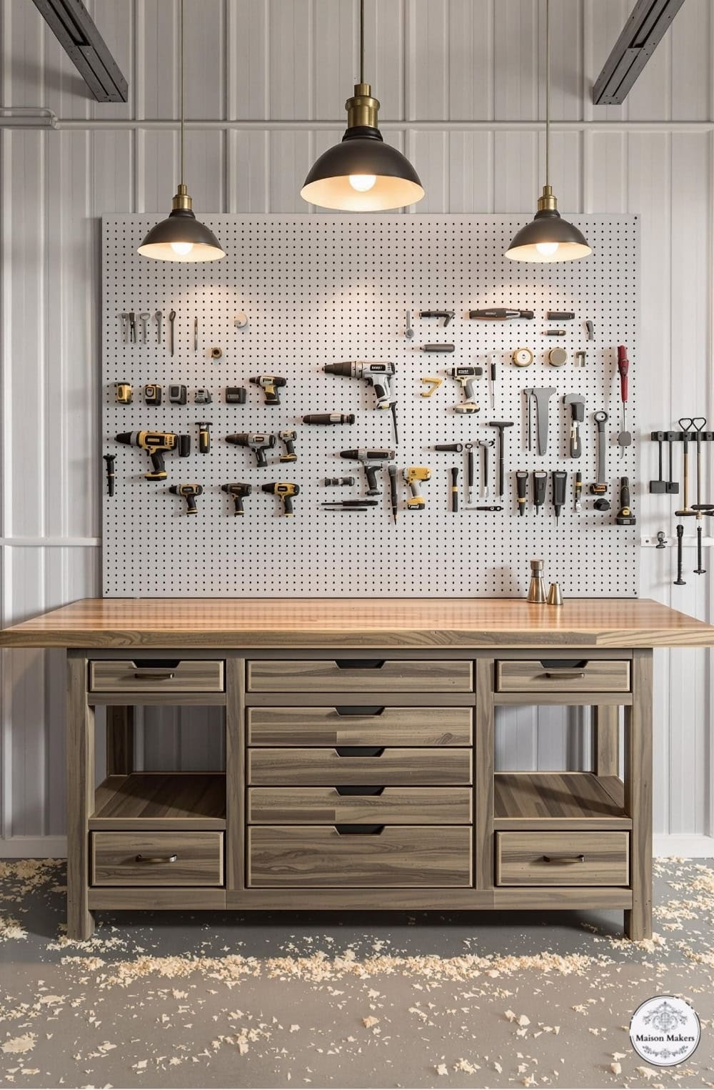 a workbench with a lot of tools hanging on the wall