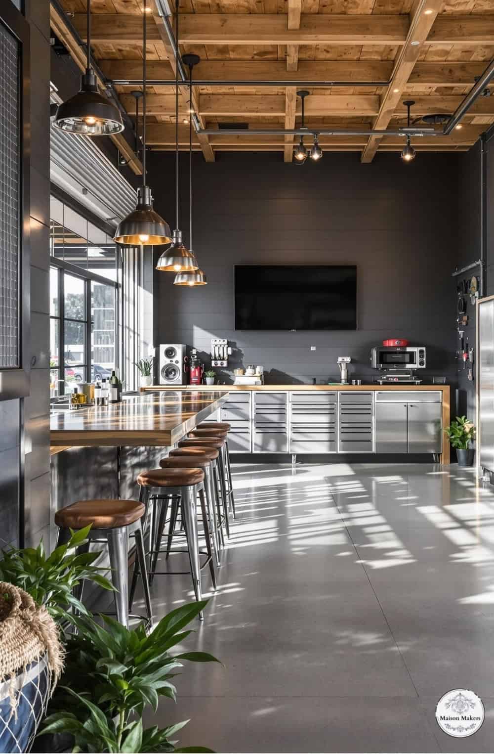 a kitchen with a lot of counter space and chairs