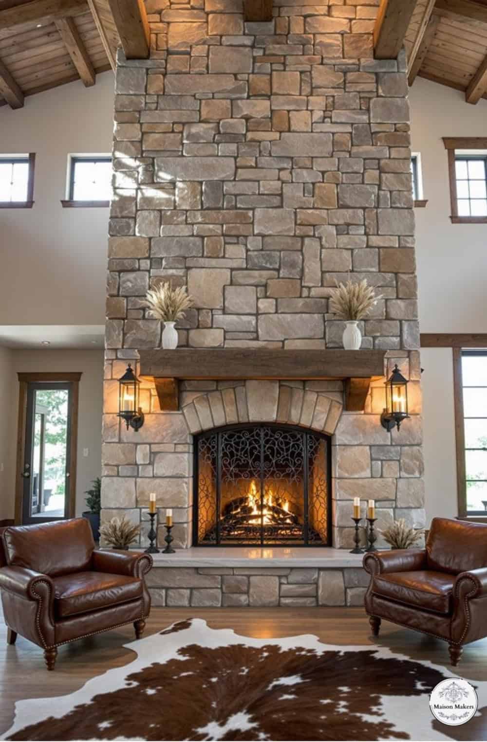 a living room with a fireplace and two chairs
