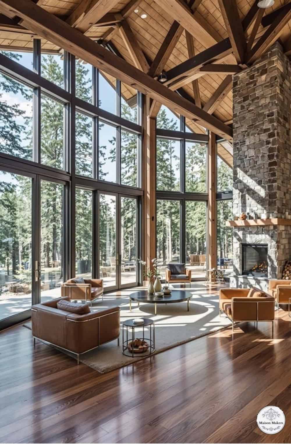 a living room filled with furniture and large windows