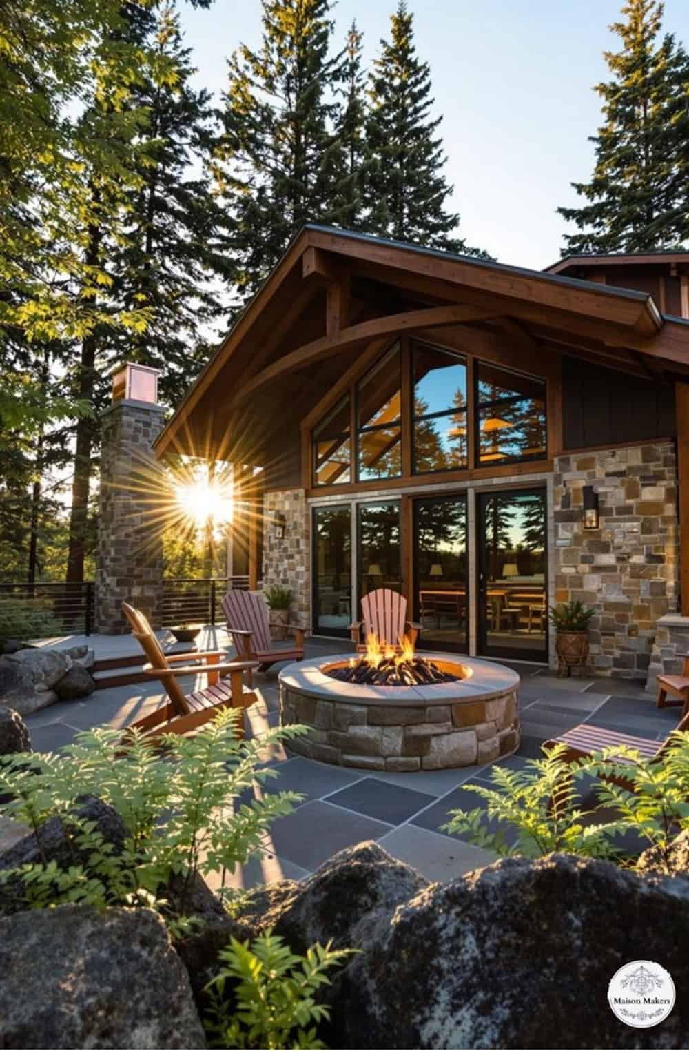 a house with a fire pit in the middle of it