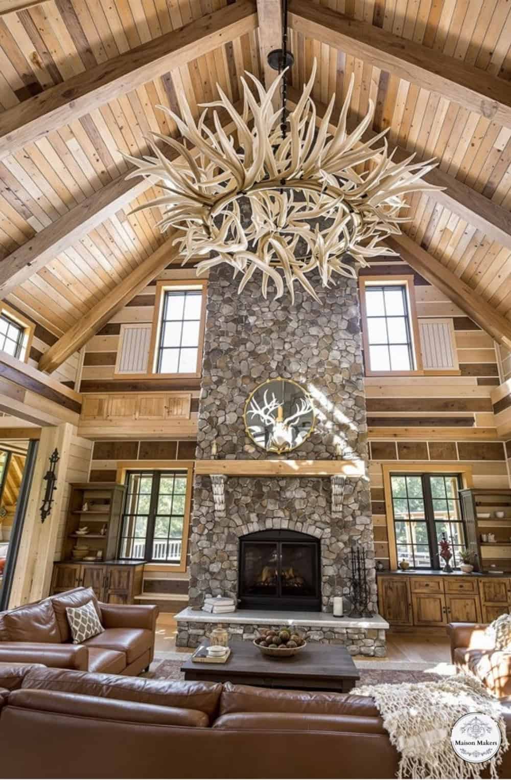 a large living room with a large stone fireplace