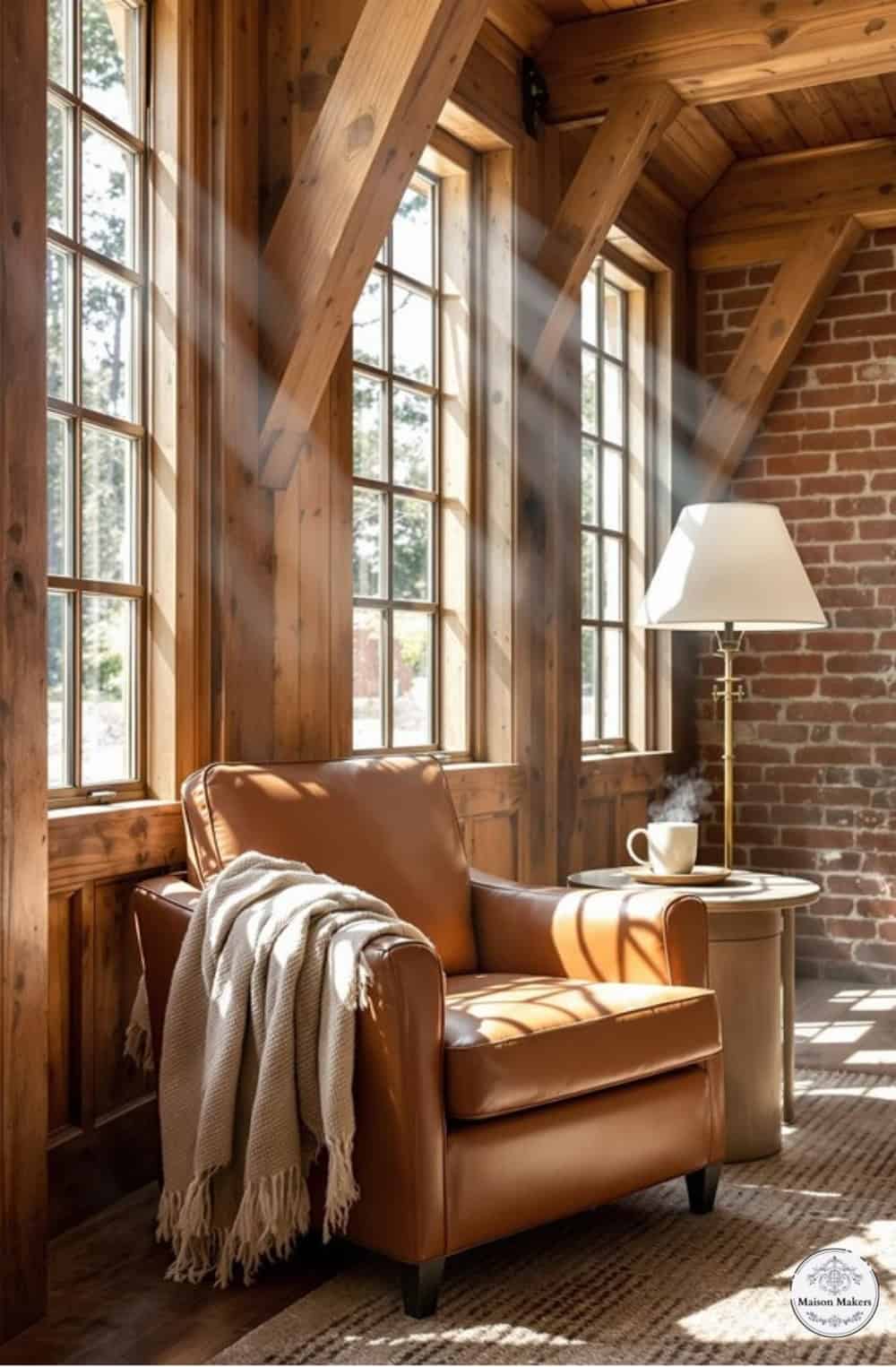 a living room with a chair and a lamp
