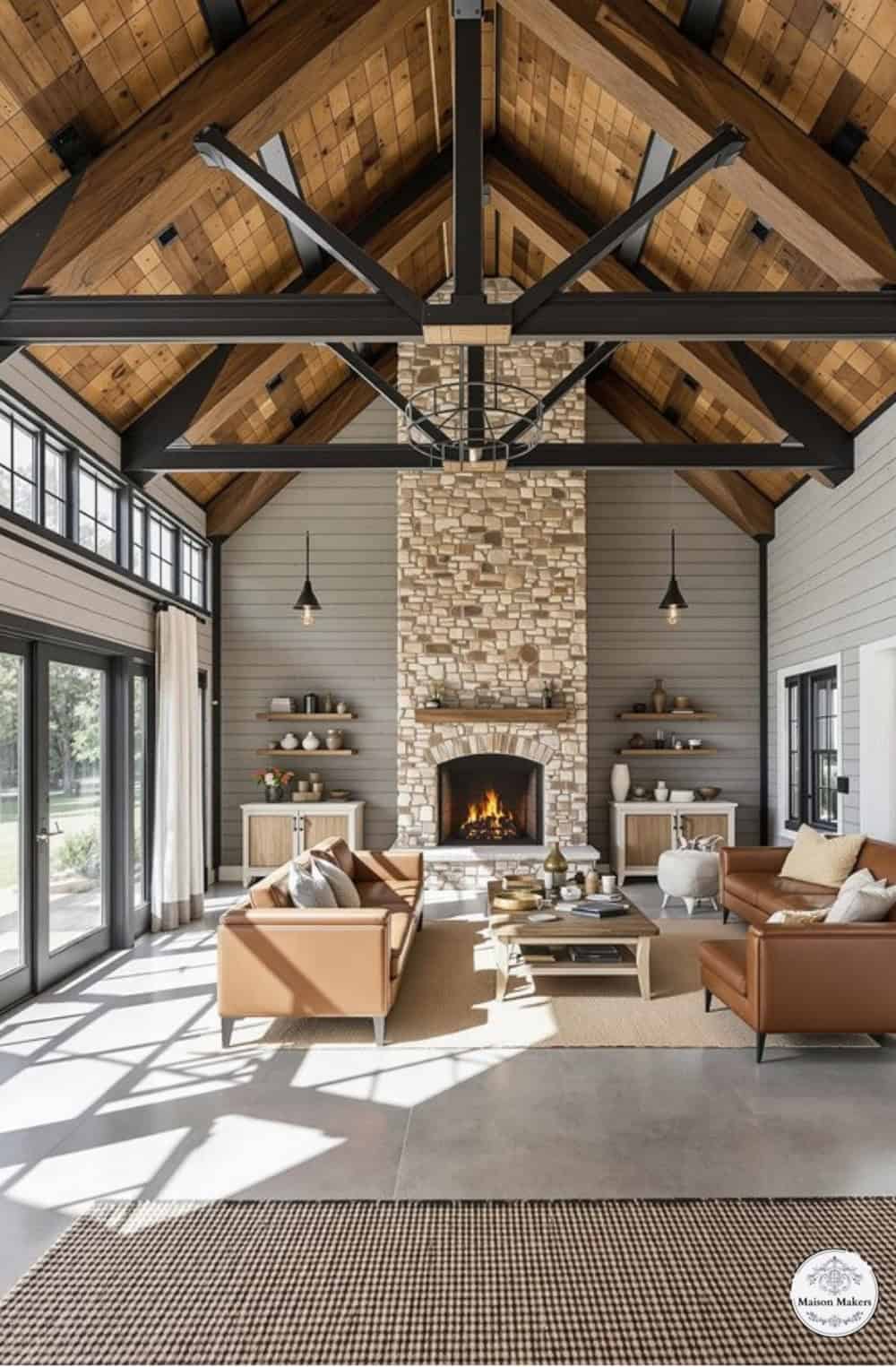 a large open living room with a stone fireplace