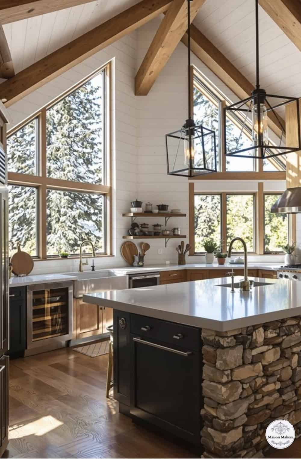 a kitchen with a large stone island in the middle of it