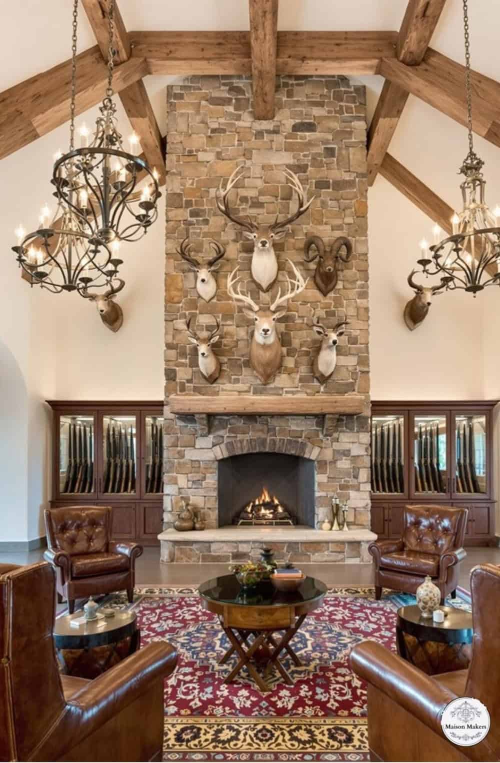 a living room filled with furniture and a fire place