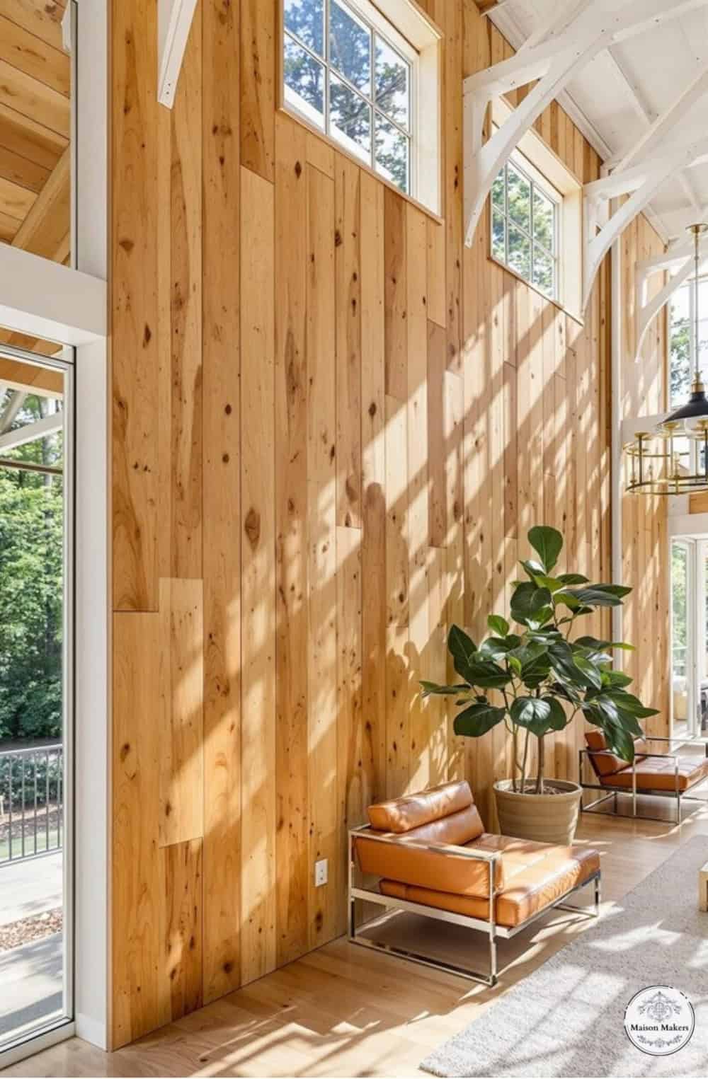 a living room with wood paneling and windows