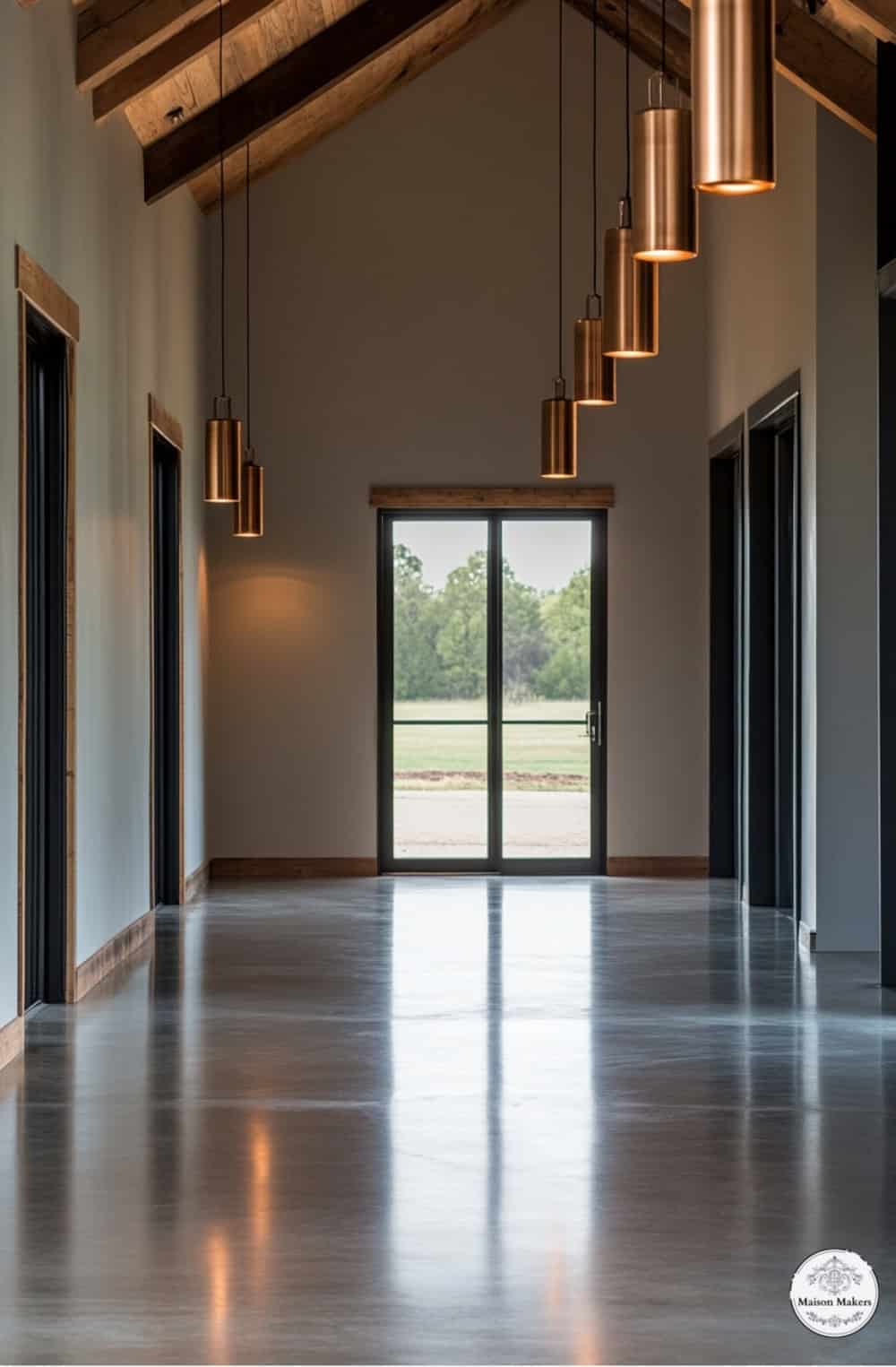 a large open room with several lights hanging from the ceiling