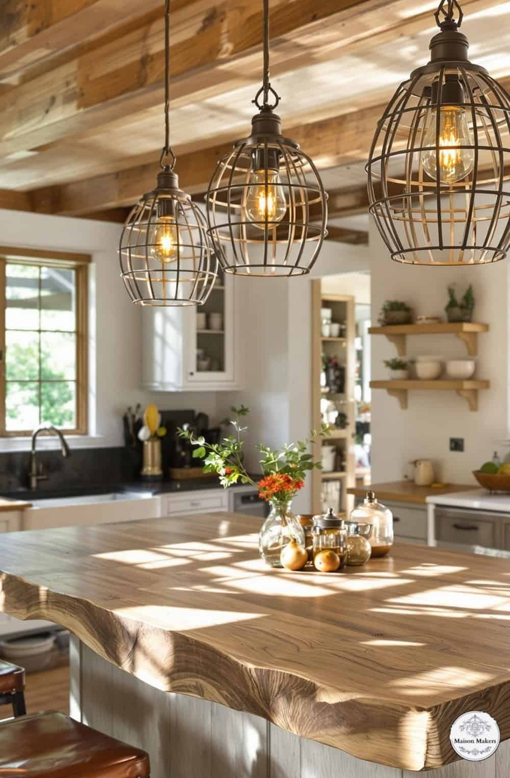 a kitchen with a wooden table and hanging lights