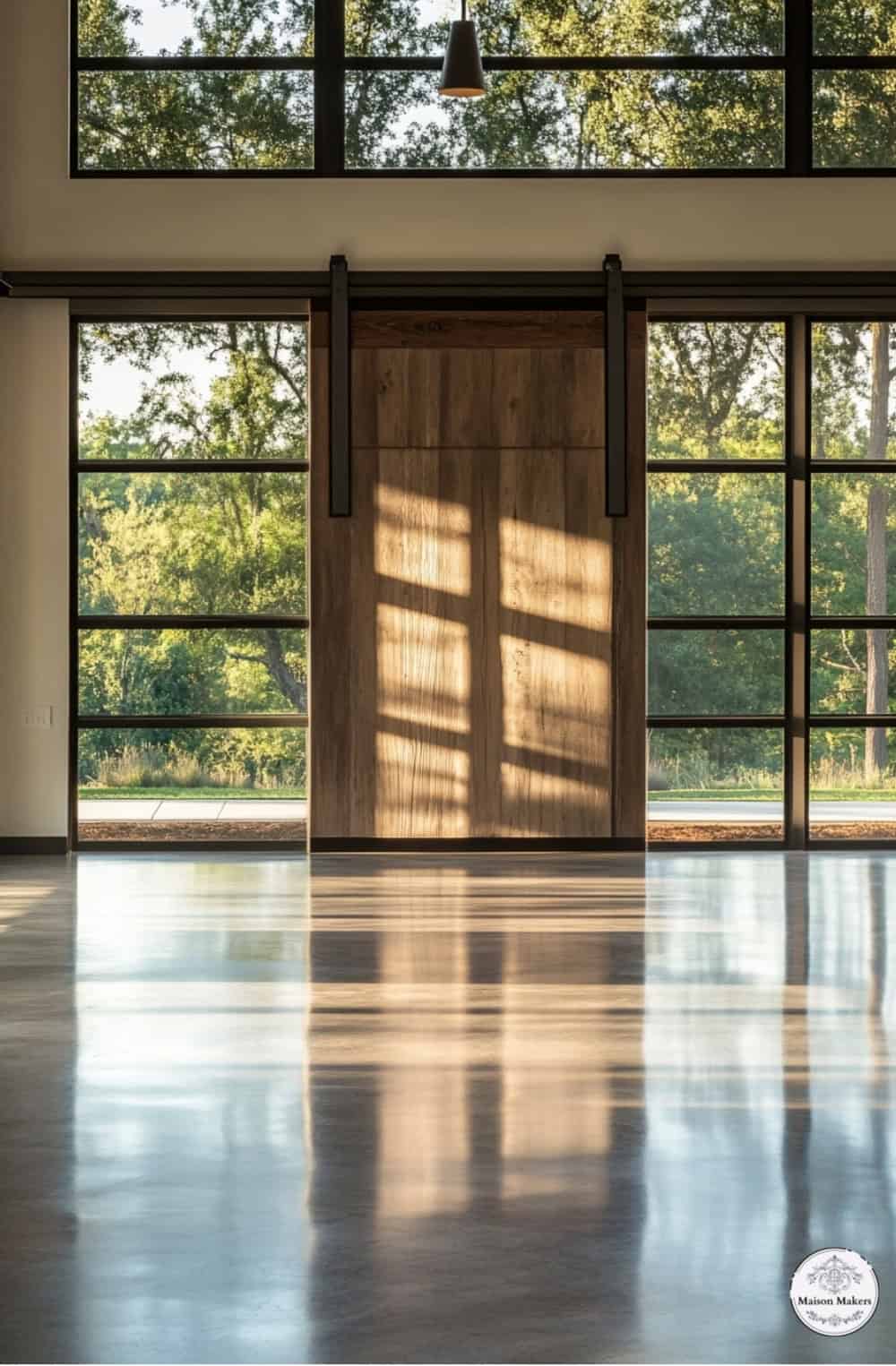 a large open room with a wooden door
