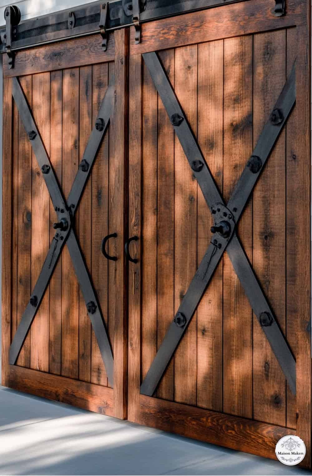 a pair of wooden doors with metal straps