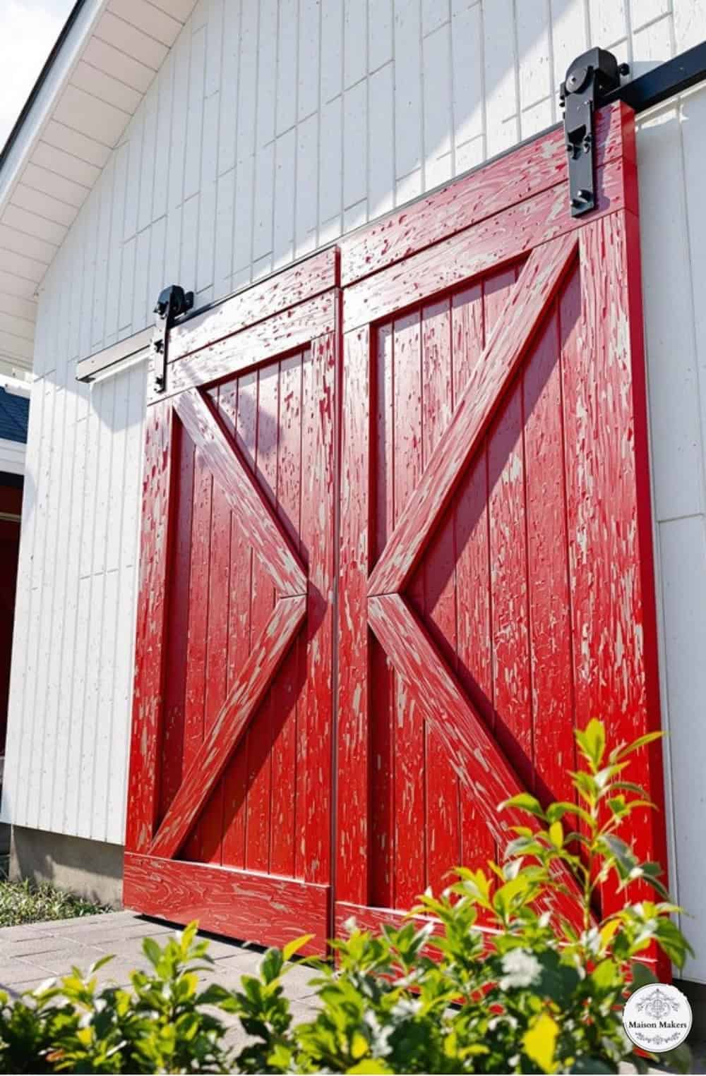 a red barn door in front of a white building